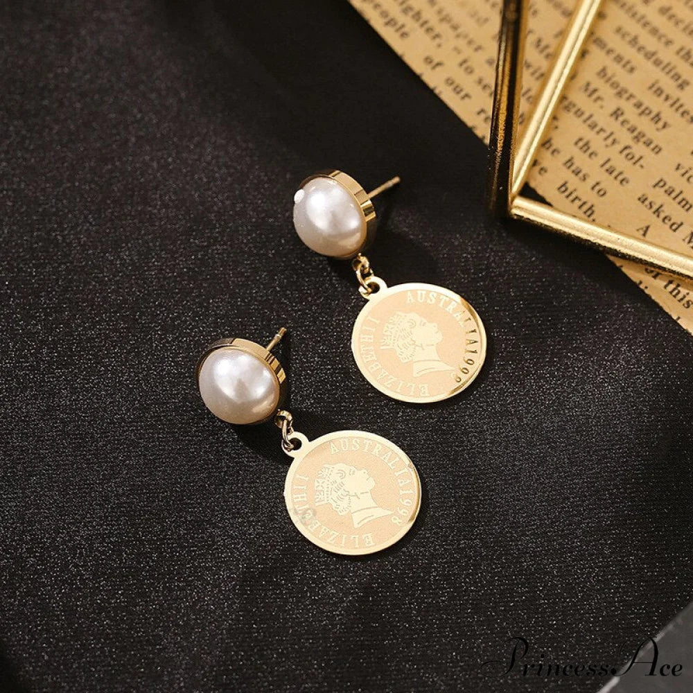 Stainless Steel Pearl Embossed Portrait Coin Pendant Earrings
