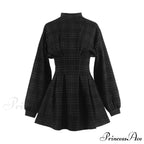 Stand Collar Long Sleeve Balck Plaid Pleat Ruched Mini Dress