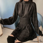 Stand Collar Long Sleeve Balck Plaid Pleat Ruched Mini Dress