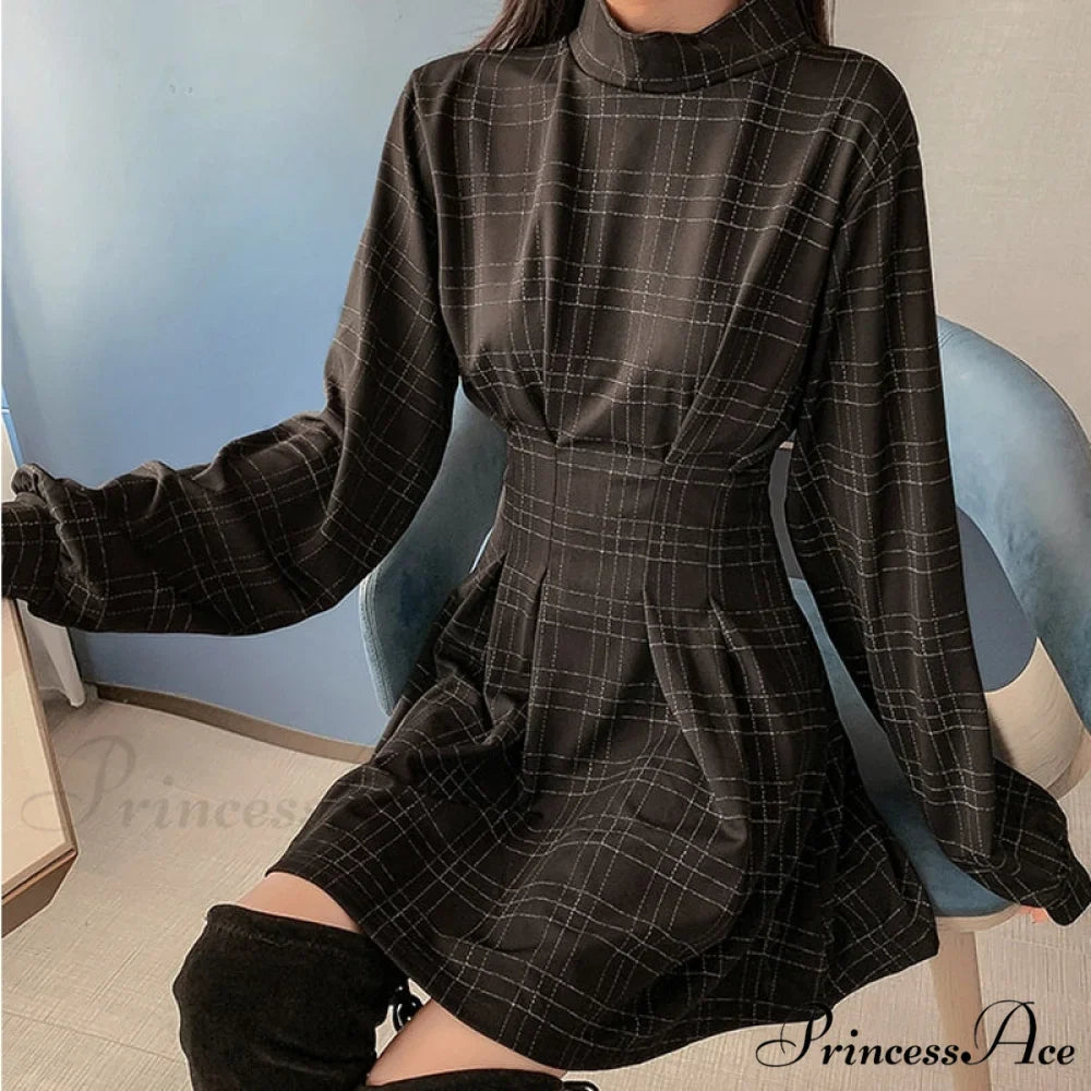 Stand Collar Long Sleeve Balck Plaid Pleat Ruched Mini Dress