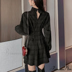 Stand Collar Long Sleeve Balck Plaid Pleat Ruched Mini Dress