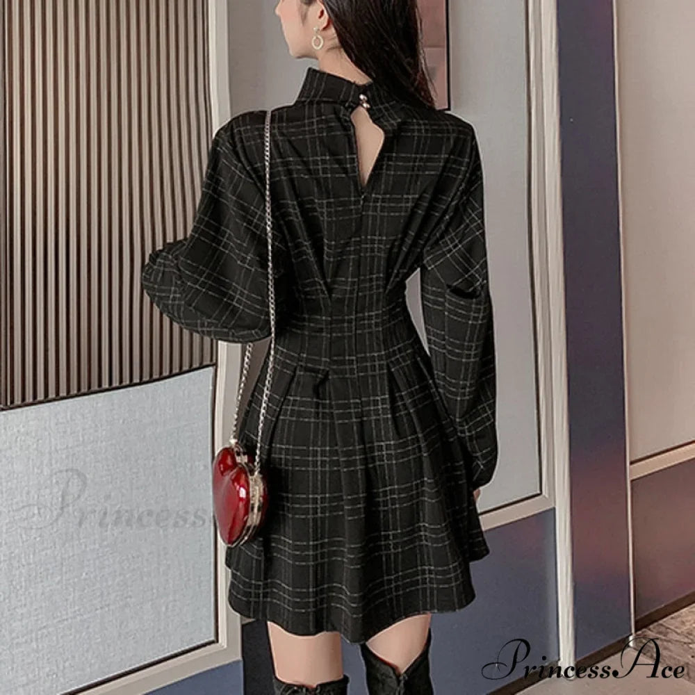 Stand Collar Long Sleeve Balck Plaid Pleat Ruched Mini Dress