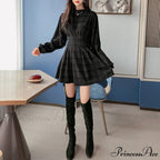 Stand Collar Long Sleeve Balck Plaid Pleat Ruched Mini Dress