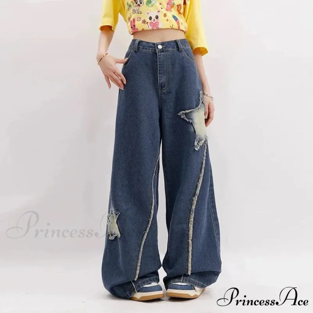 Star Loose Denim Broad Leg Trousers
