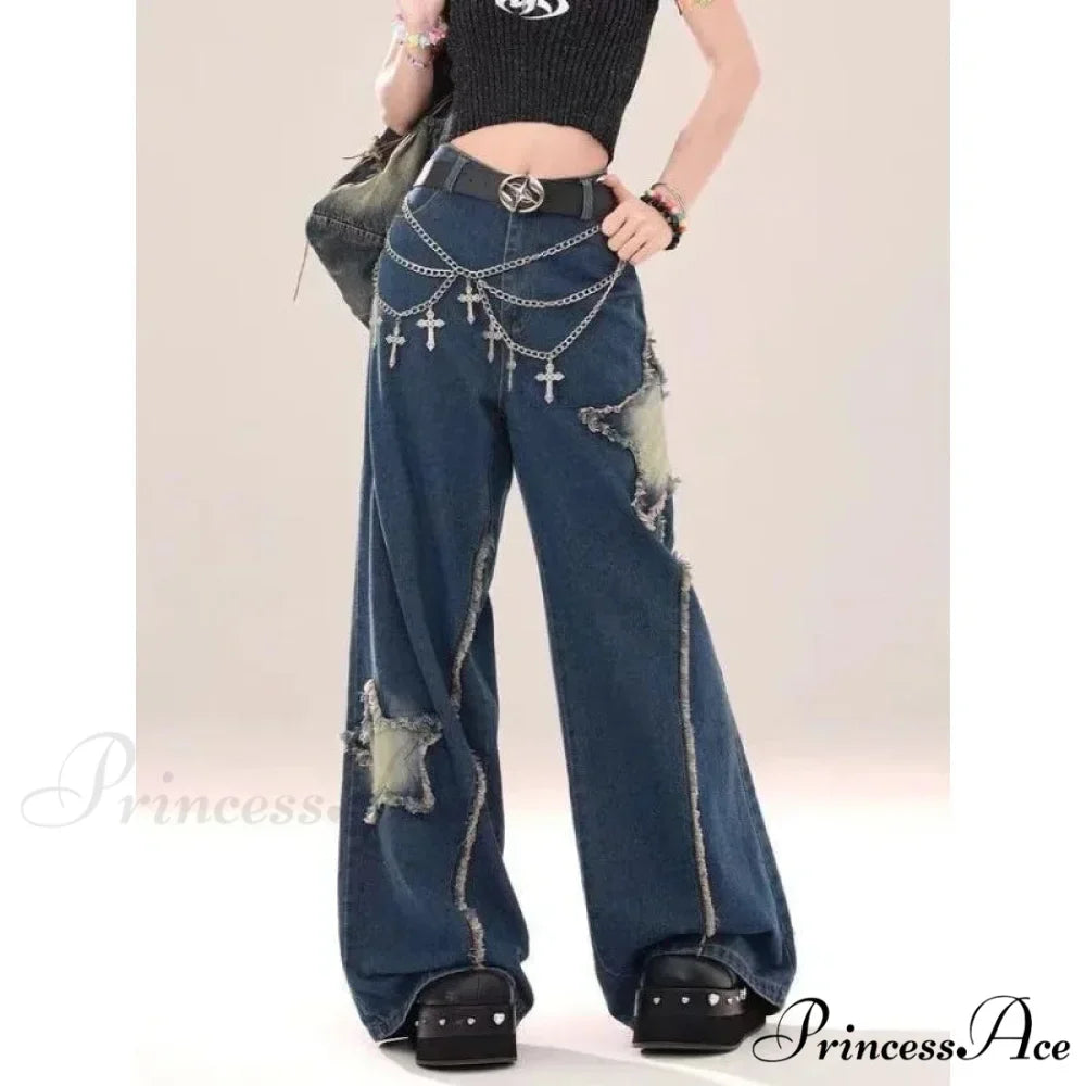 Star Loose Denim Broad Leg Trousers