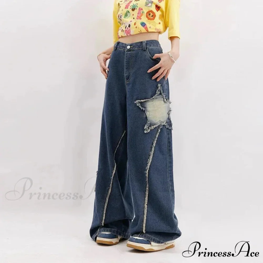 Star Loose Denim Broad Leg Trousers