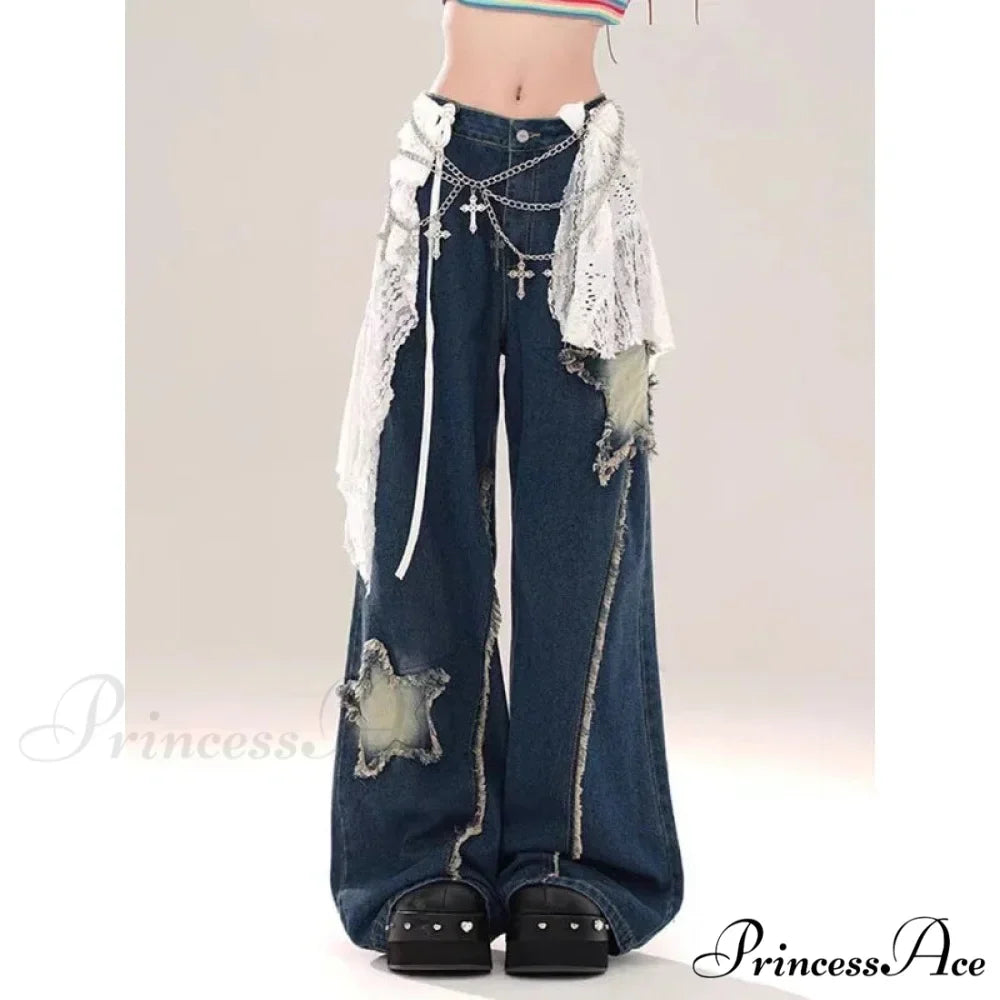Star Loose Denim Broad Leg Trousers