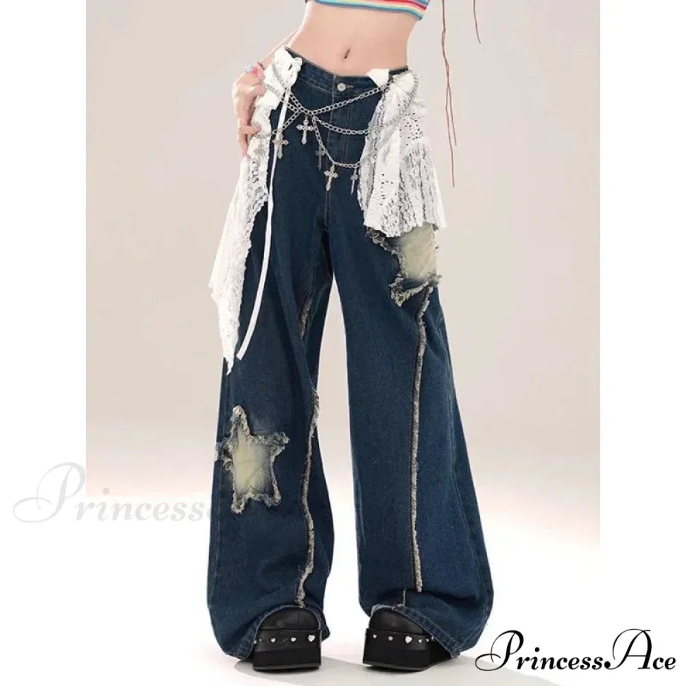 Star Loose Denim Broad Leg Trousers