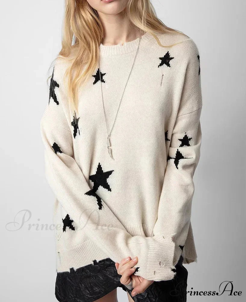Stellar Torn Cashmere Knit Pullover Informal Extended Sleeve Knit Top