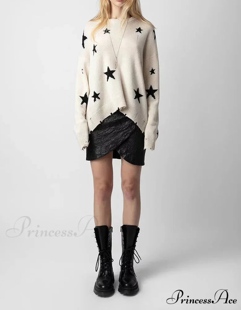 Stellar Torn Cashmere Knit Pullover Informal Extended Sleeve Knit Top