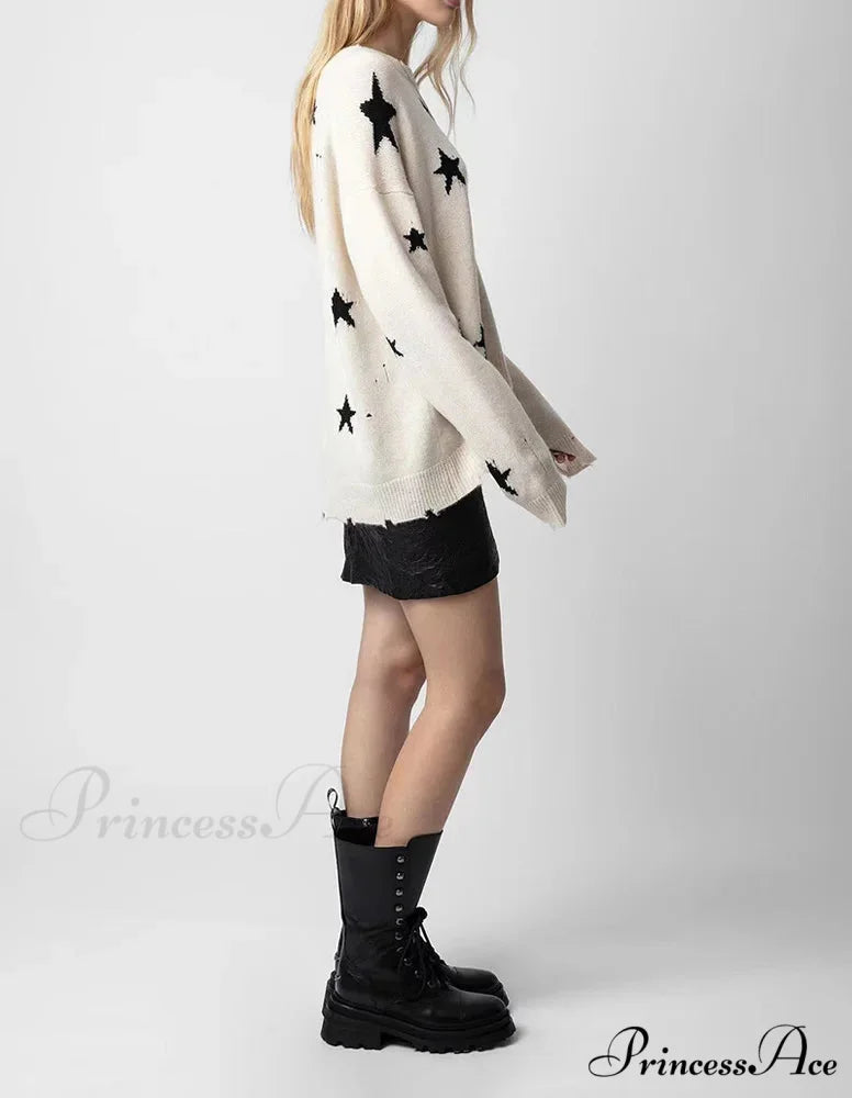 Stellar Torn Cashmere Knit Pullover Informal Extended Sleeve Knit Top