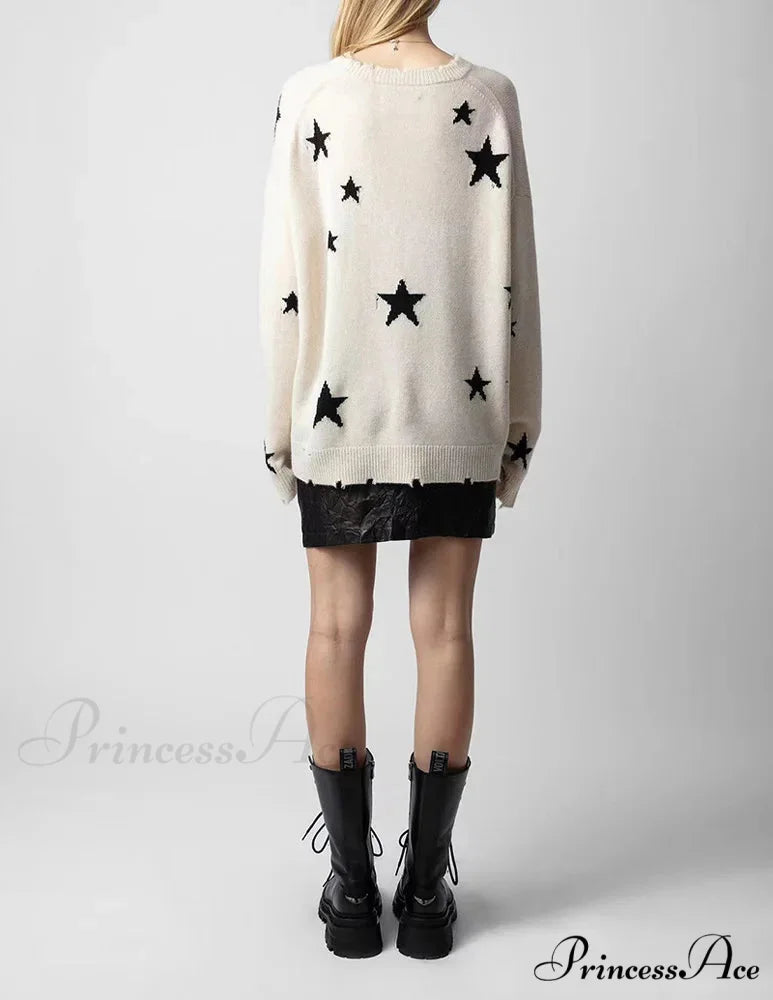 Stellar Torn Cashmere Knit Pullover Informal Extended Sleeve Knit Top