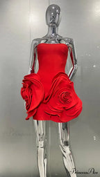 Stereoscopic Flowers Strapless Christmas Party Dress