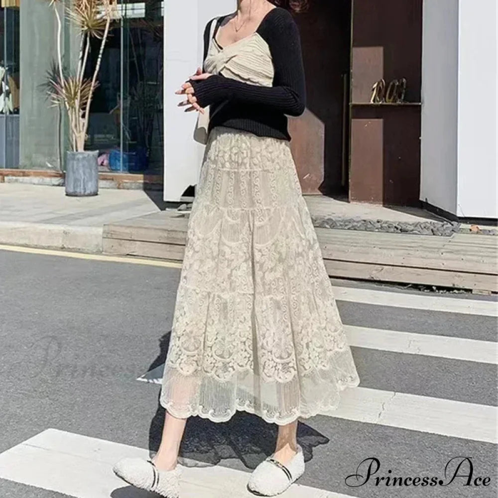 Stitched Blossom Lace Elevated Waist Bohemian Skirt