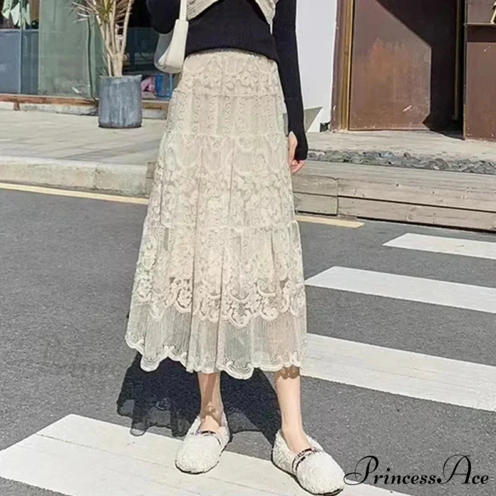 Stitched Blossom Lace Elevated Waist Bohemian Skirt