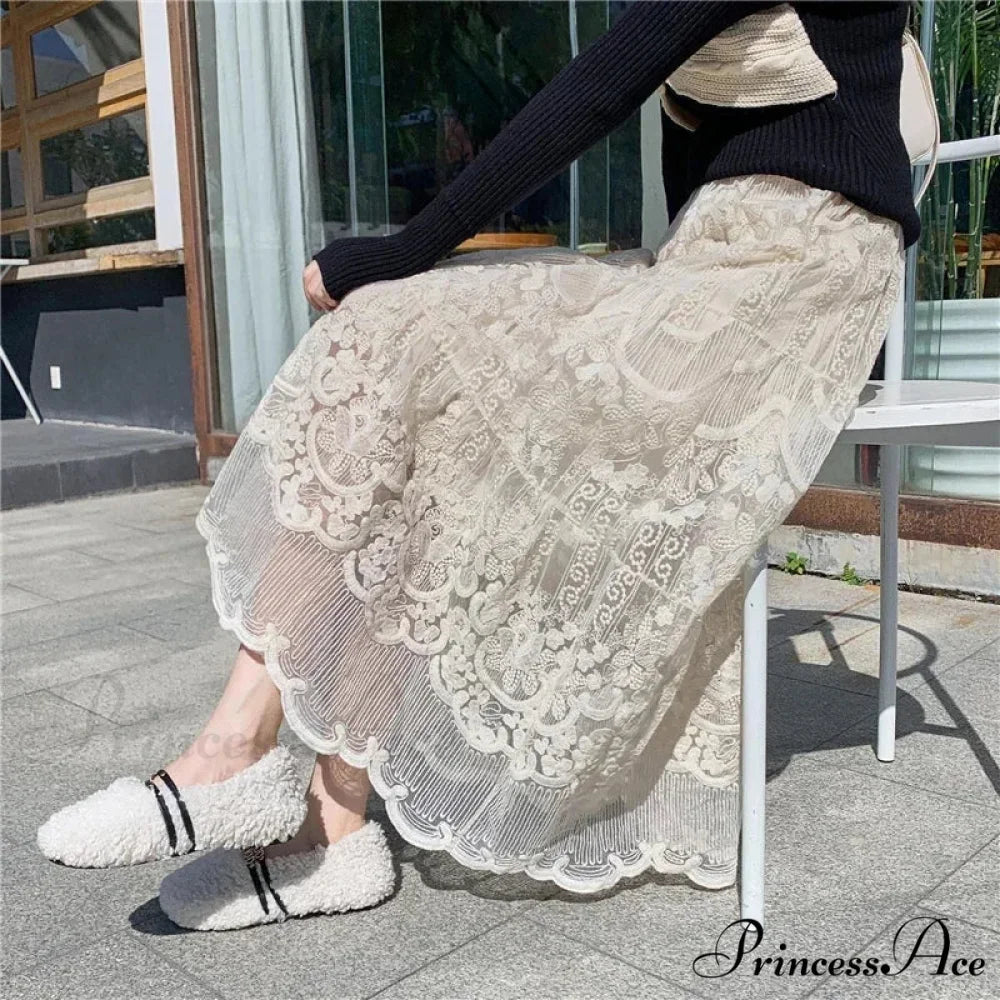 Stitched Blossom Lace Elevated Waist Bohemian Skirt