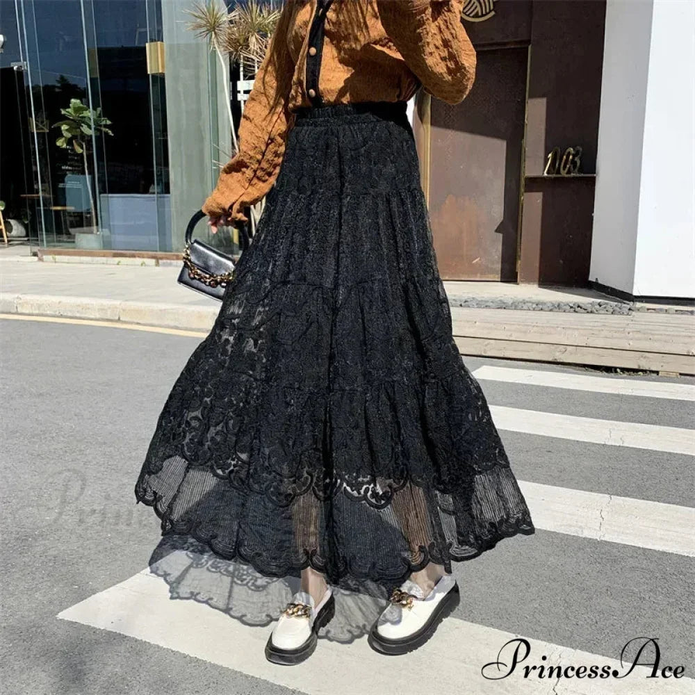Stitched Blossom Lace Elevated Waist Bohemian Skirt