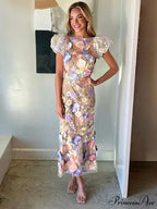 Stitched Blossom Pattern Puffed Sleeve Celebration Gown