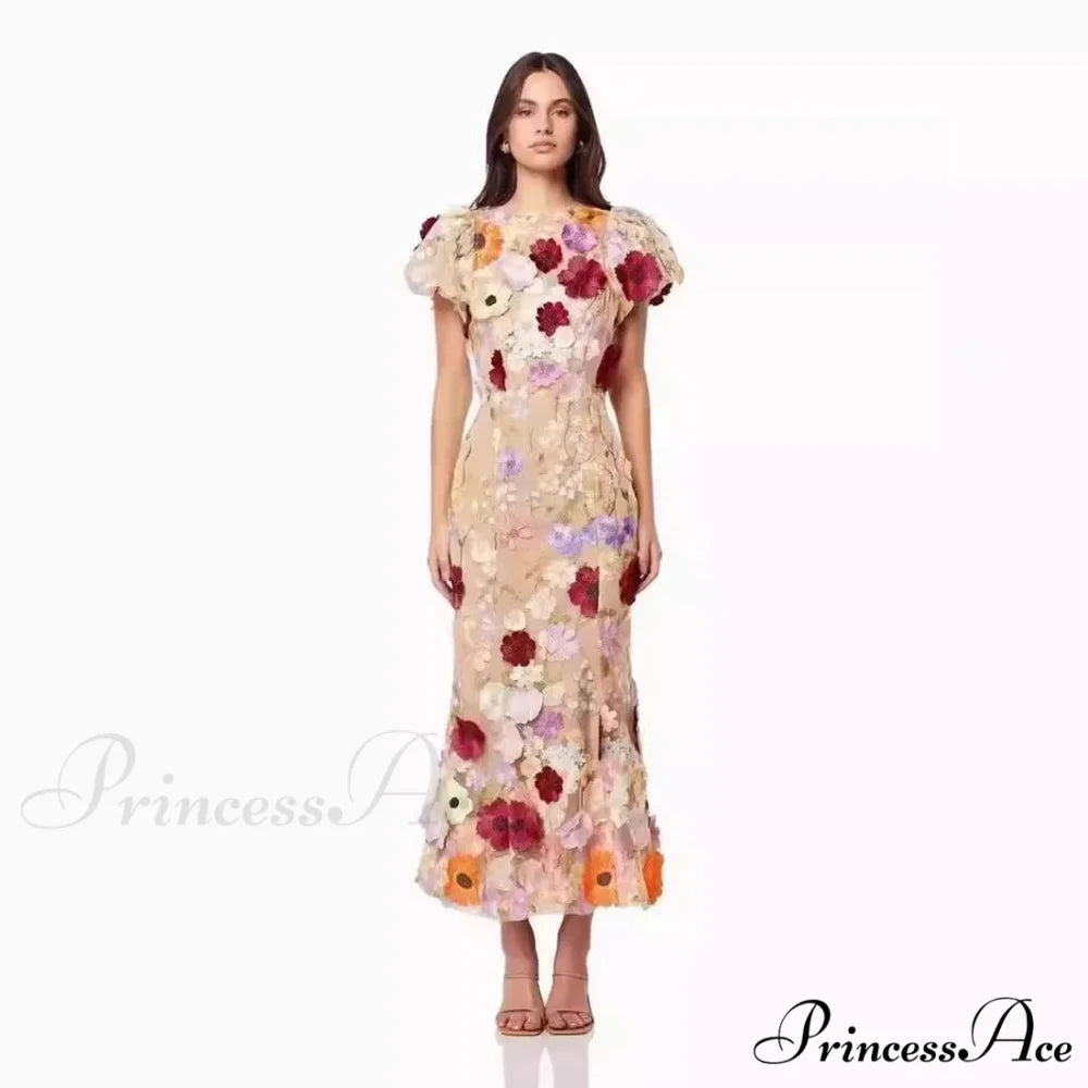 Stitched Blossom Pattern Puffed Sleeve Celebration Gown