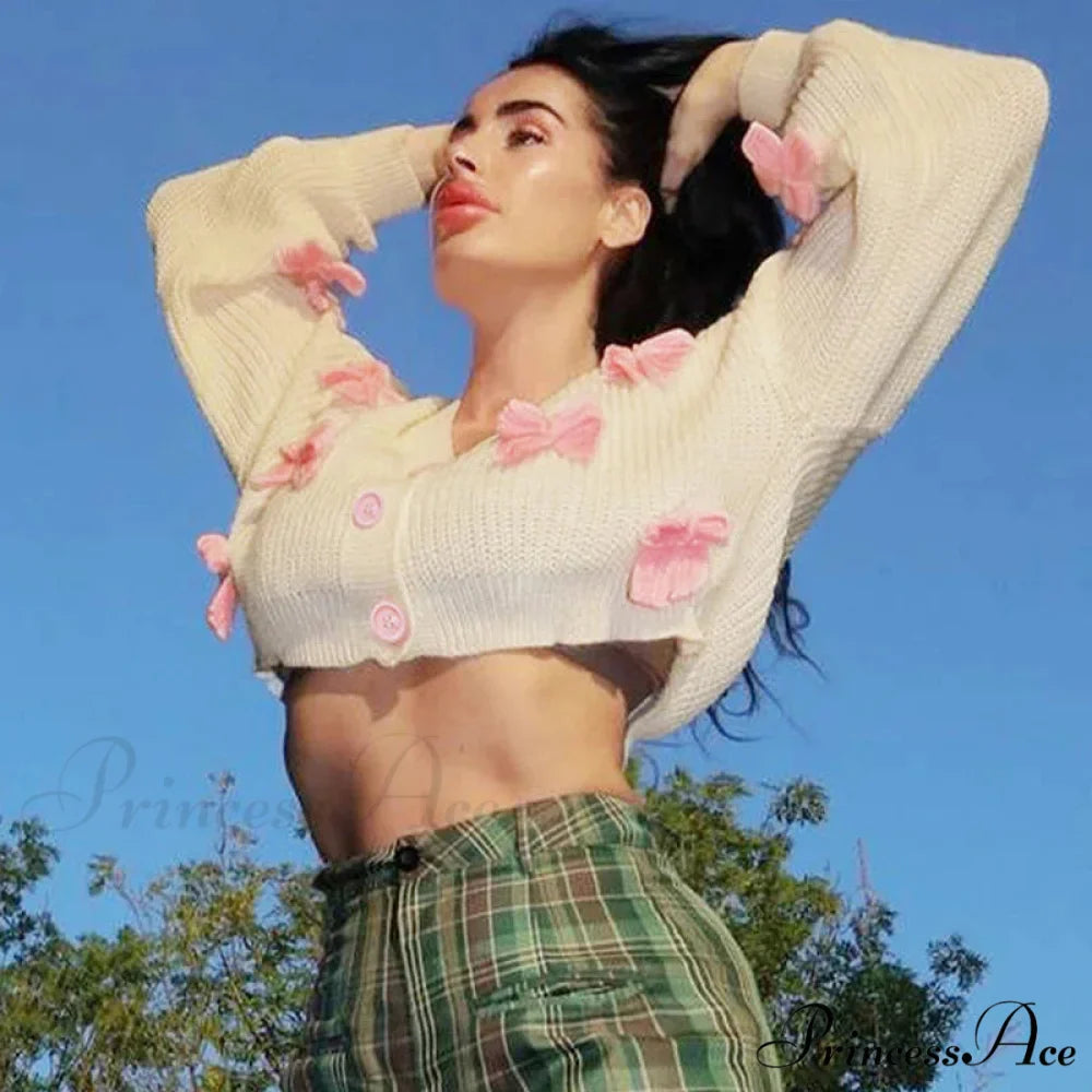 Stitched Bow Plunging Neckline Cardigan