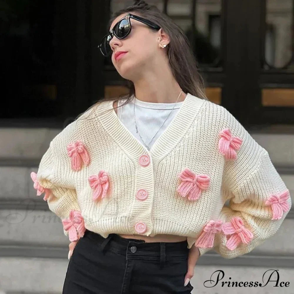 Stitched Bow Plunging Neckline Cardigan