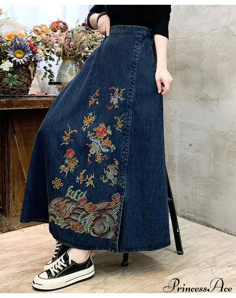 Stitched Denim High Waist Japanese Forest Long Relaxed Skirt