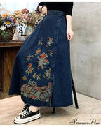 Stitched Denim High Waist Japanese Forest Long Relaxed Skirt