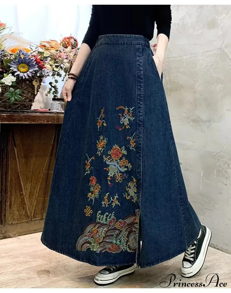 Stitched Denim High Waist Japanese Forest Long Relaxed Skirt