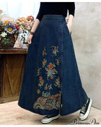 Stitched Denim High Waist Japanese Forest Long Relaxed Skirt