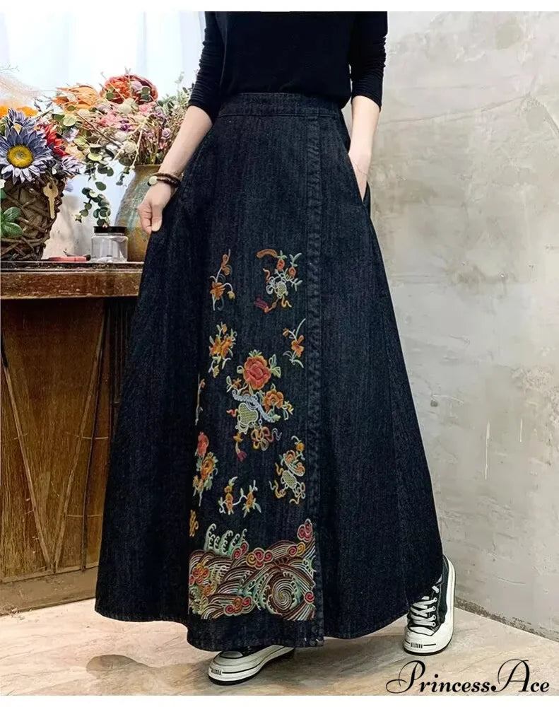 Stitched Denim High Waist Japanese Forest Long Relaxed Skirt