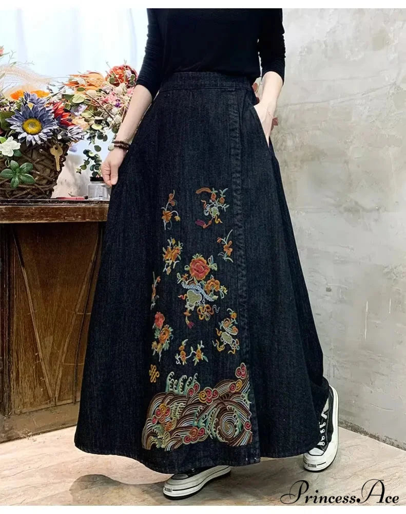 Stitched Denim High Waist Japanese Forest Long Relaxed Skirt