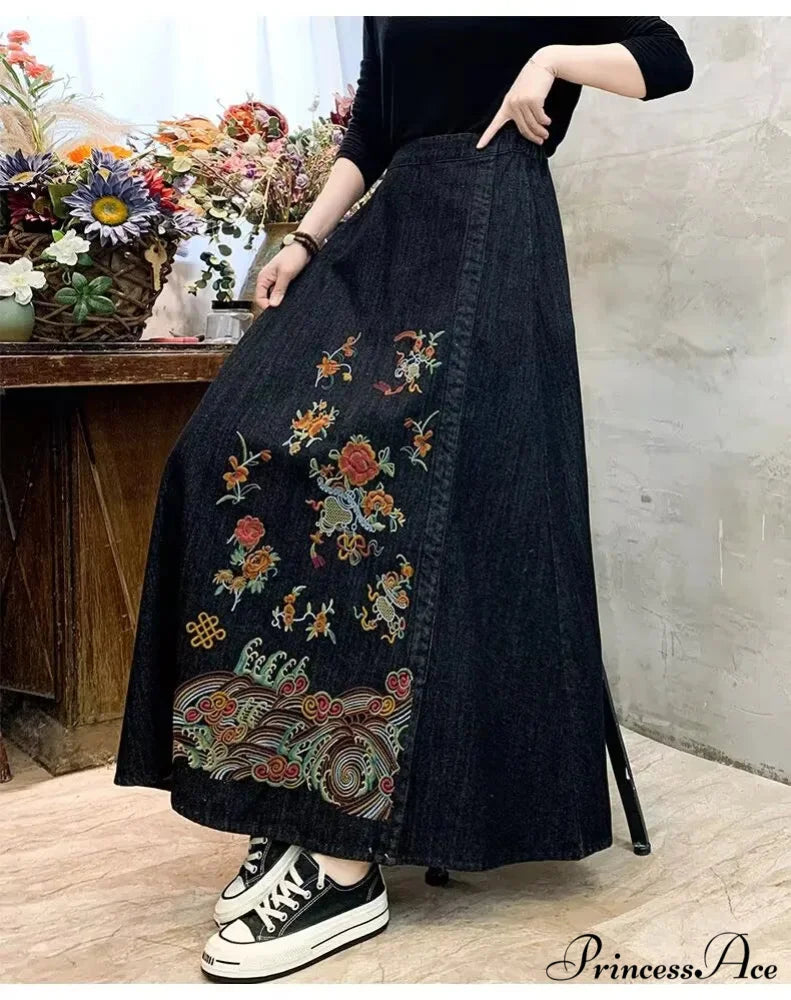 Stitched Denim High Waist Japanese Forest Long Relaxed Skirt