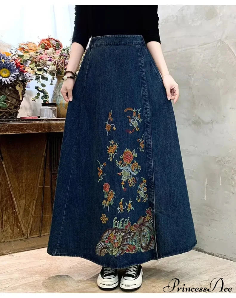 Stitched Denim High Waist Japanese Forest Long Relaxed Skirt