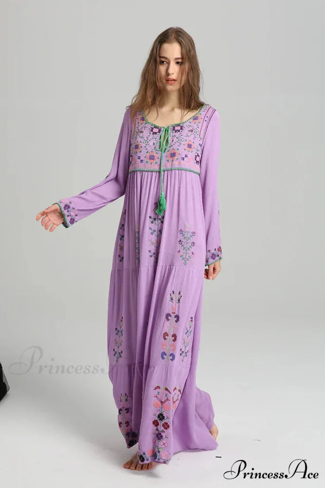 Stitched Flowery Long-sleeved Wanderer Maxi Boho Dress