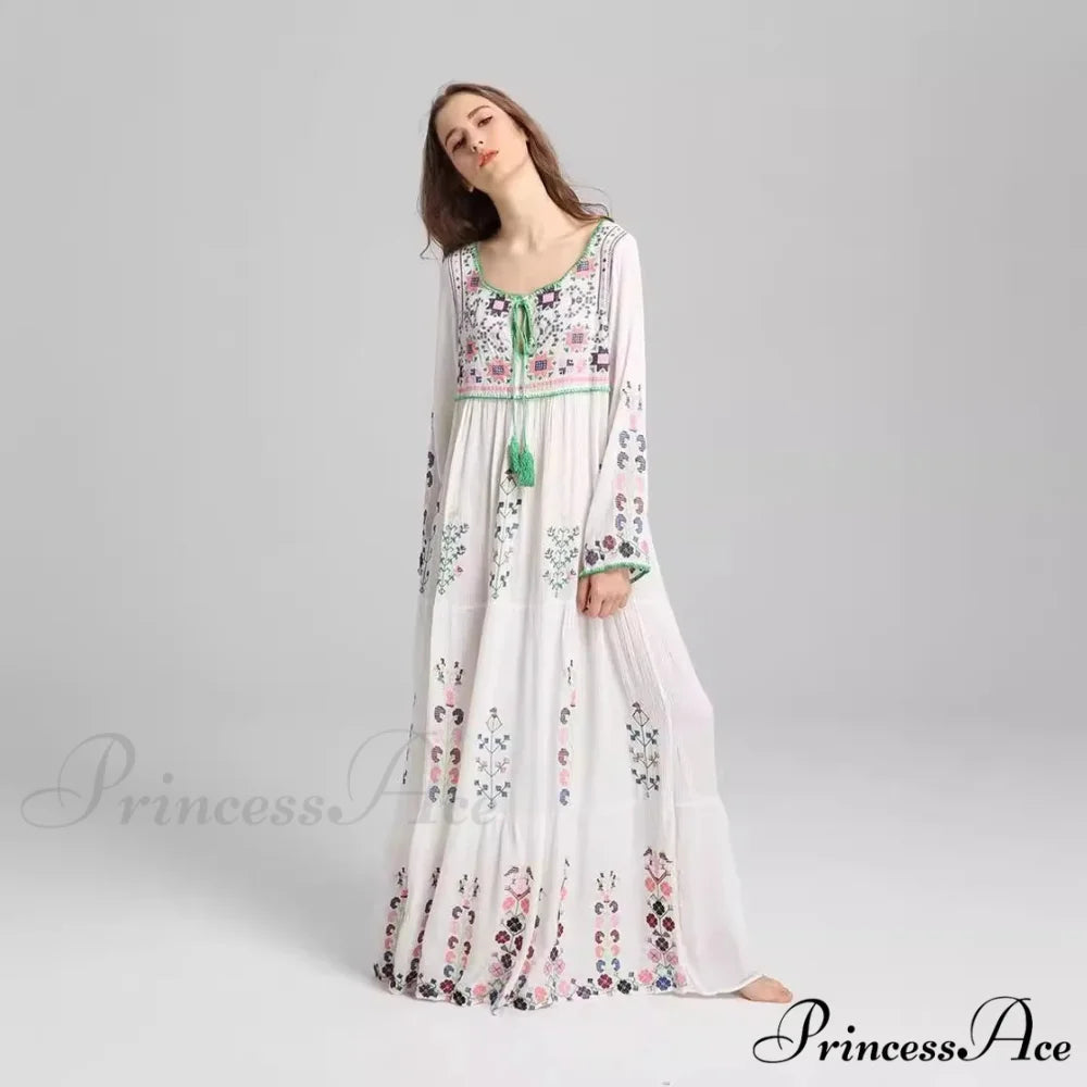 Stitched Flowery Long-sleeved Wanderer Maxi Boho Dress