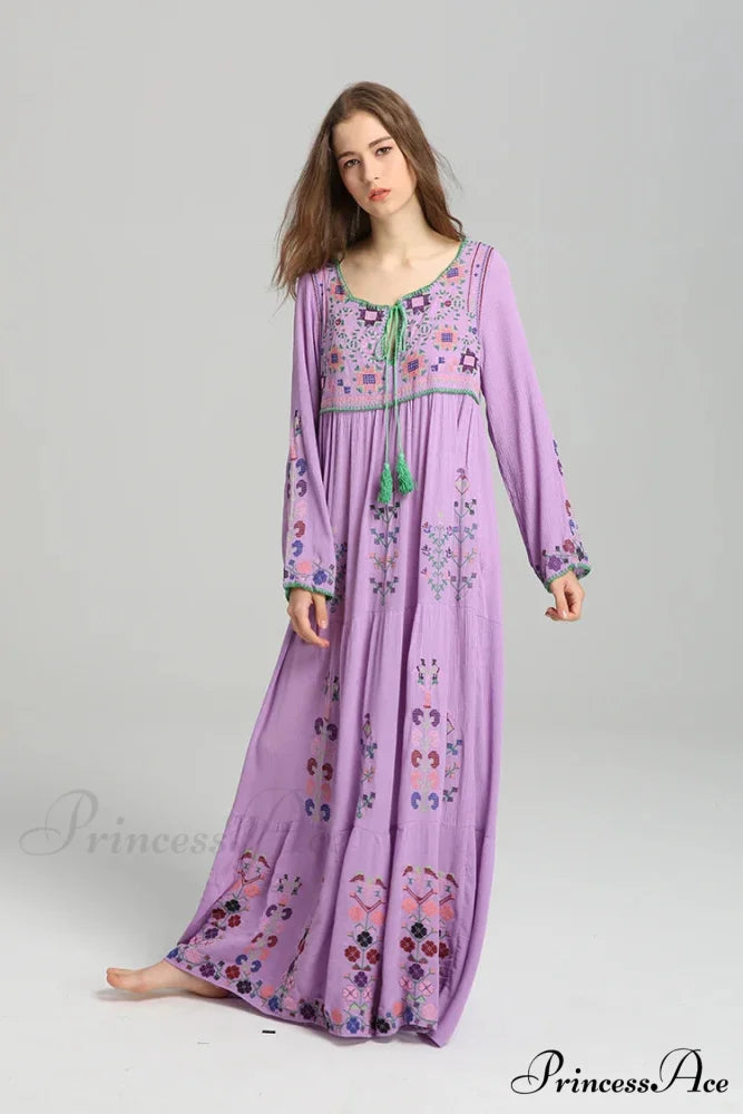 Stitched Flowery Long-sleeved Wanderer Maxi Boho Dress