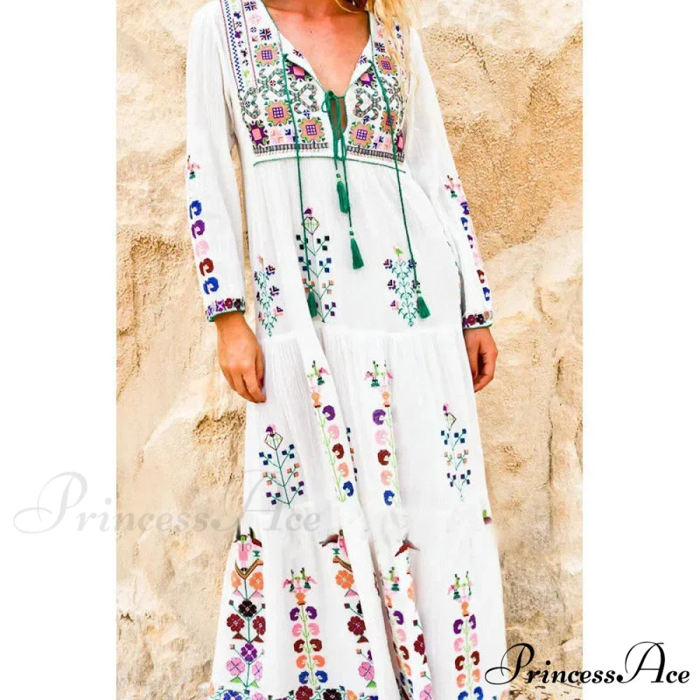Stitched Flowery Long-sleeved Wanderer Maxi Boho Dress