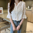 Stitched Ivory Cotton Flower Korean Style Blouse