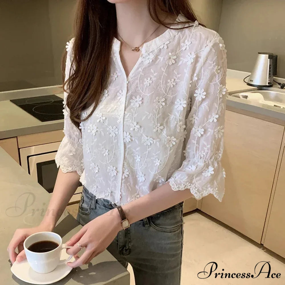 Stitched Ivory Cotton Flower Korean Style Blouse