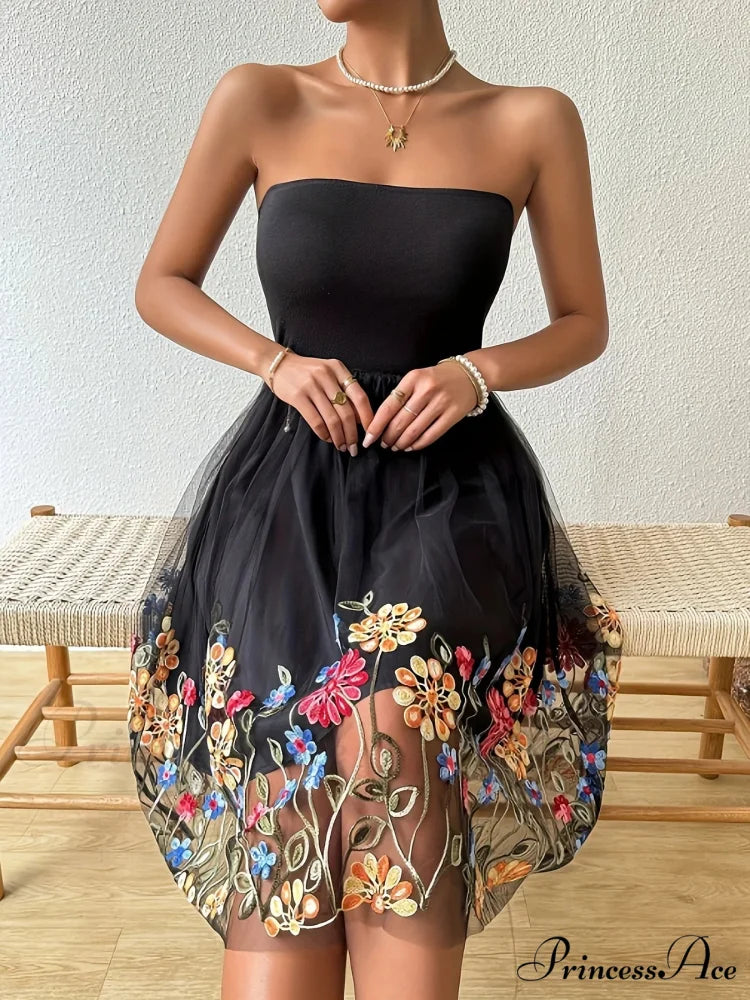 Stitched Net Flower Bandeau Retro Flower Dress