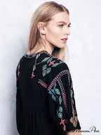 Stitching Relaxed Plunging Neckline Black Sophisticated Boho Dress