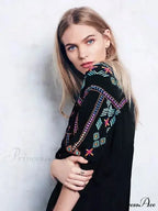 Stitching Relaxed Plunging Neckline Black Sophisticated Boho Dress