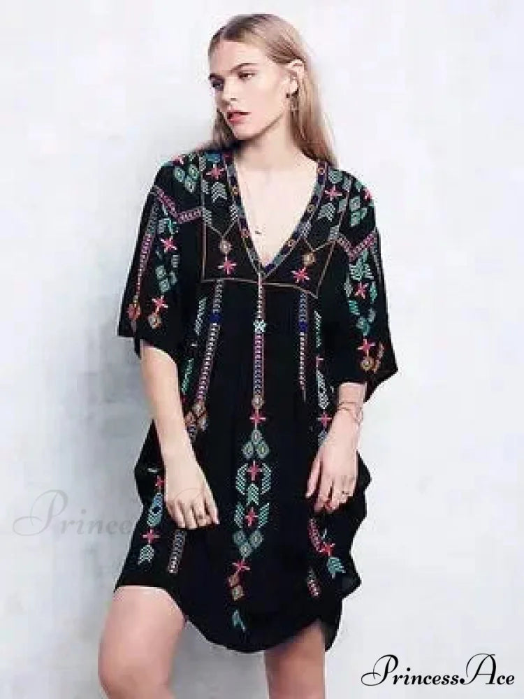 Stitching Relaxed Plunging Neckline Black Sophisticated Boho Dress