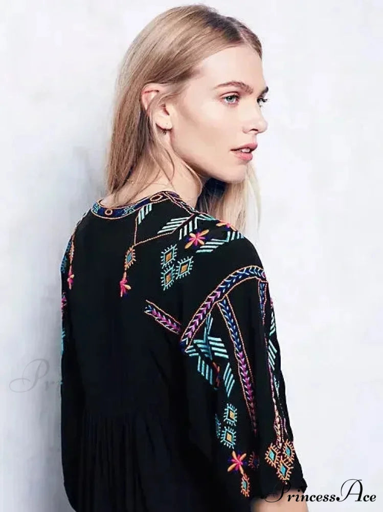 Stitching Relaxed Plunging Neckline Black Sophisticated Boho Dress