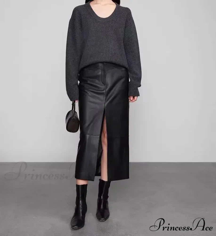 Straight Genuine Sheepskin Black Elegant Long Autumn Winter Skirt