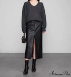 Straight Genuine Sheepskin Black Elegant Long Autumn Winter Skirt
