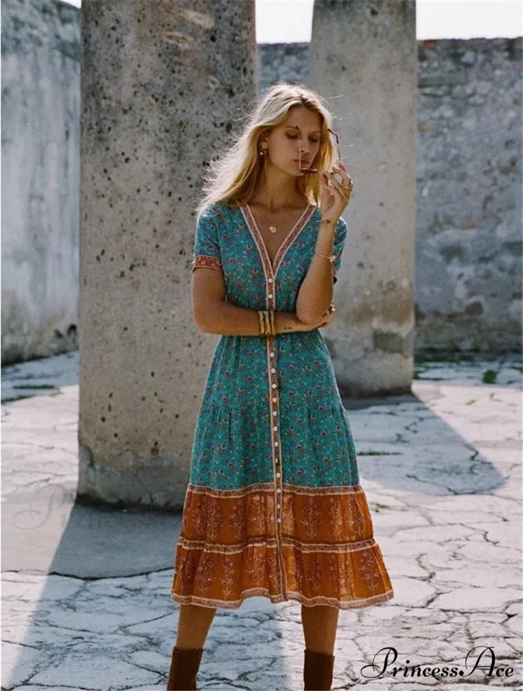 Strap Floral Print High Waist V-neck Single-breasted Midi Dress