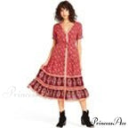 Strap Floral Print High Waist V-neck Single-breasted Midi Dress