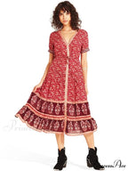 Strap Floral Print High Waist V-neck Single-breasted Midi Dress