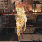 Strap Ruched Side Slit Irregular Hem Midi Dress